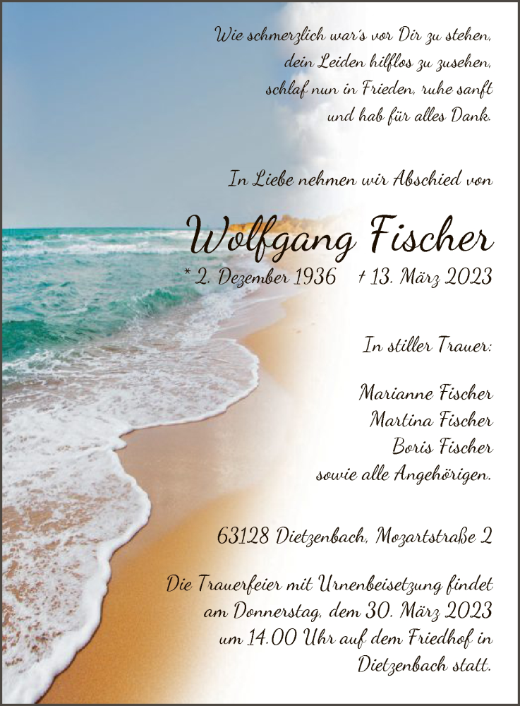  Traueranzeige für Wolfgang Fischer vom 22.03.2023 aus OF