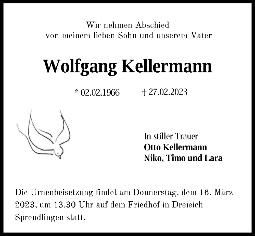  Traueranzeige für Wolfgang Kellermann vom 09.03.2023 aus OF