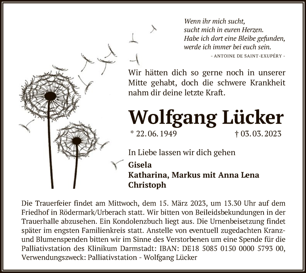  Traueranzeige für Wolfgang Lücker vom 11.03.2023 aus OF