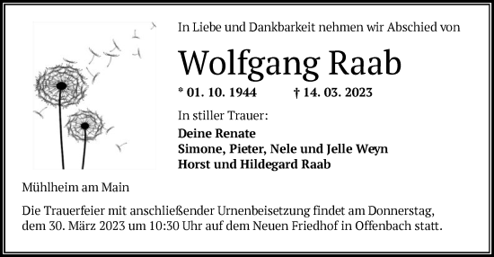 Traueranzeige von Wolfgang Raab von OF