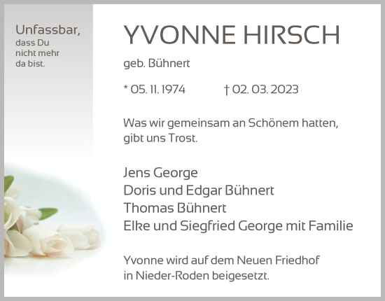 Traueranzeige von Yvonne Hirsch von OF