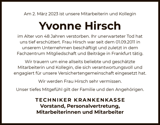 Traueranzeige von Yvonne Hirsch von OF