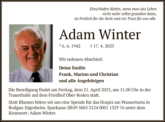 Traueranzeige von Adam Winter von OF