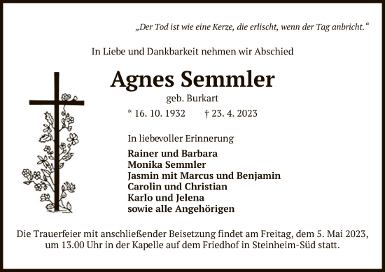 Traueranzeige von Agnes Semmler von OF