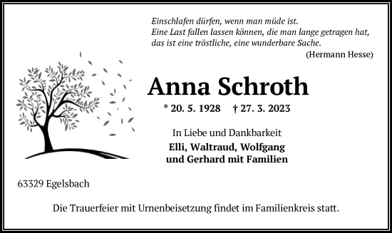 Traueranzeige von Anna Schroth von OF