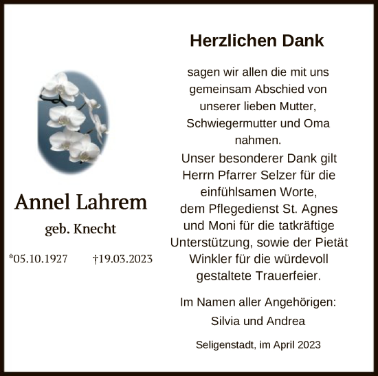 Traueranzeige von Annel Lahrem von OF