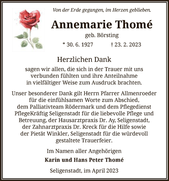 Traueranzeige von Annemarie Thome von OF