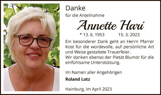 Traueranzeige von Annette Hari von OF