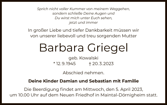 Traueranzeige von Barbara Griegel von OF