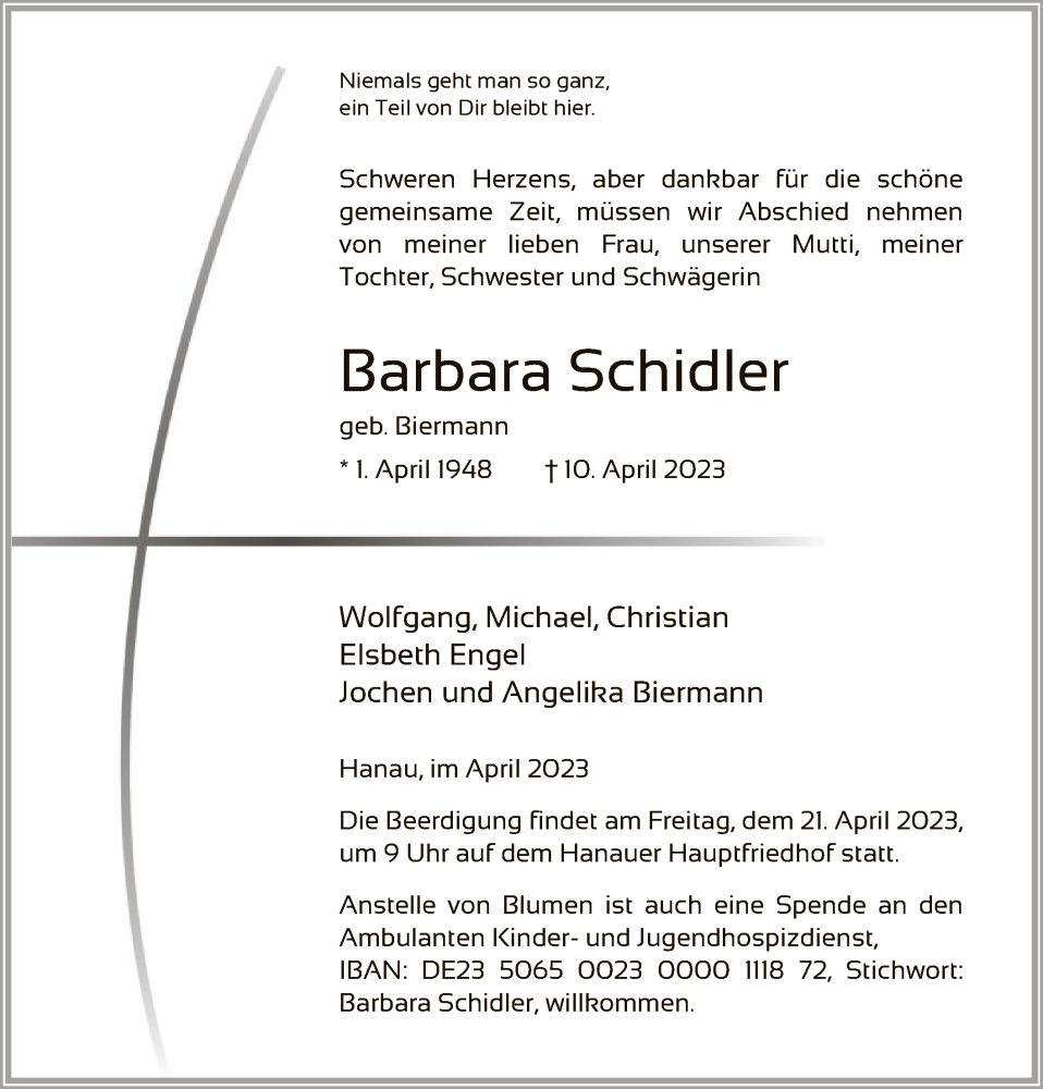  Traueranzeige für Barbara Schidler vom 15.04.2023 aus OF