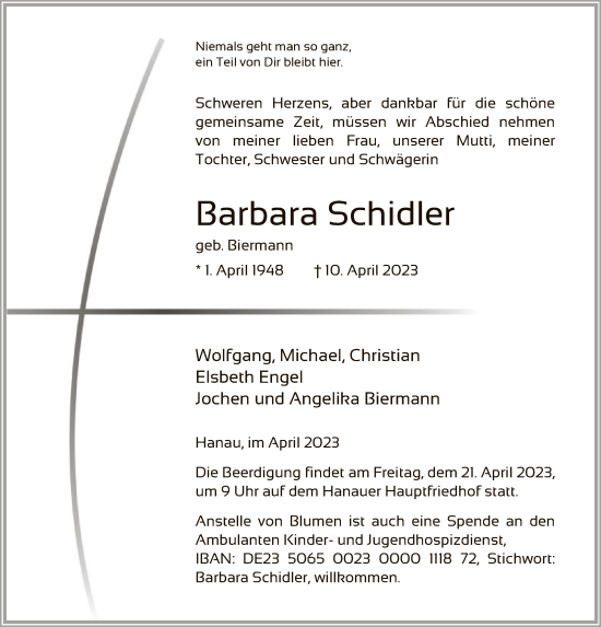 Traueranzeige von Barbara Schidler von OF