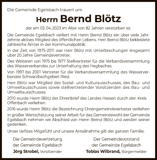 Traueranzeige von Bernd Blötz von OF