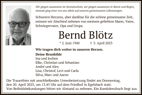 Traueranzeige von Bernd Blötz von OF