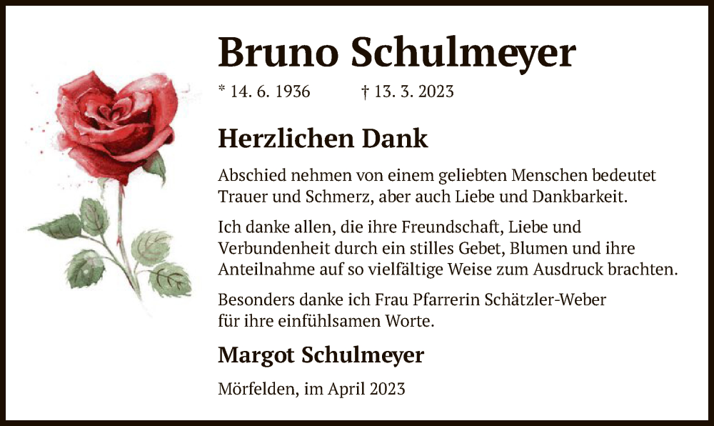  Traueranzeige für Bruno Schulmeyer vom 13.04.2023 aus OF