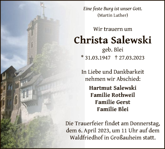 Traueranzeige von Christa Salewski von OF