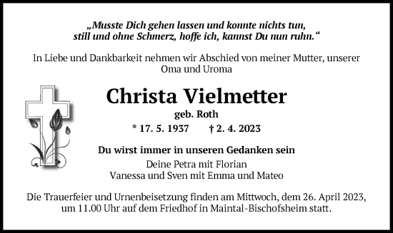 Traueranzeige von Christa Vielmetter von OF