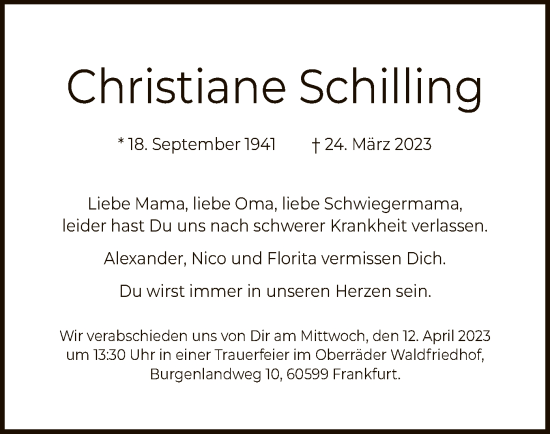 Traueranzeige von Christiane Schilling von OF