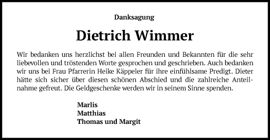 Traueranzeige von Dietrich Wimmer von OF