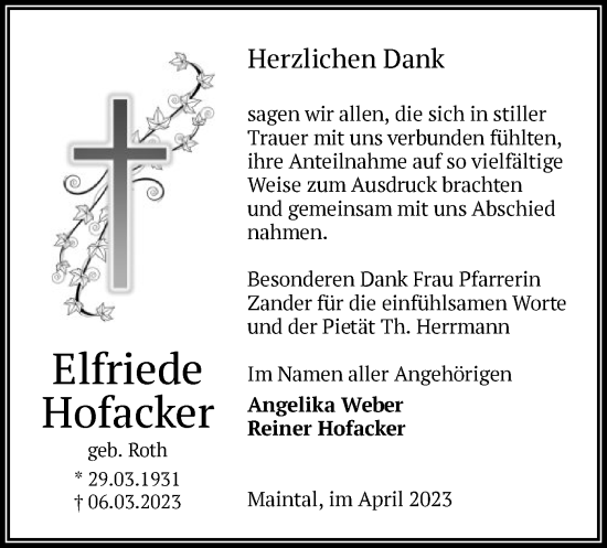 Traueranzeige von Elfriede Hofacker von OF