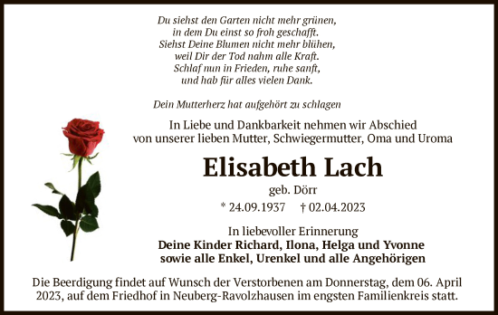 Traueranzeige von Elisabeth Lach von OF