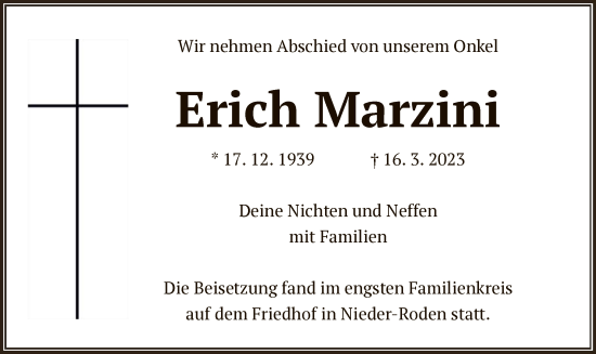 Traueranzeige von Erich Marzini von OF