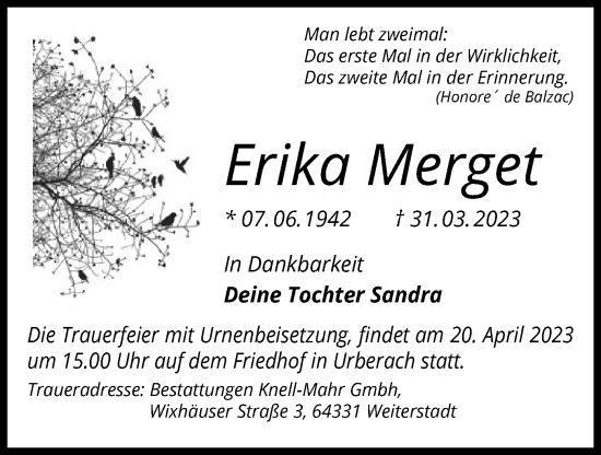 Traueranzeige von Erika Merget von OF