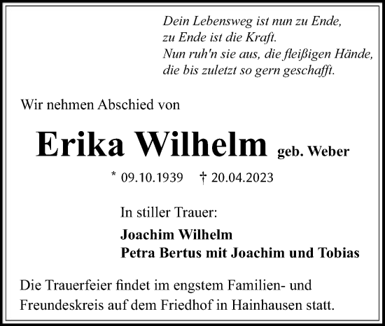 Traueranzeige von Erika Wilhelm von OF