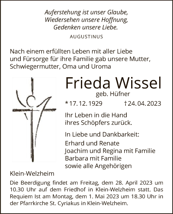 Traueranzeige von Frieda Wissel von OF