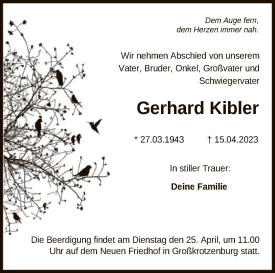 Traueranzeige von Gerhard Kibler von OF