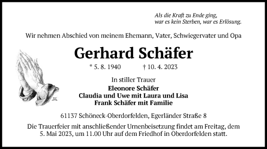 Traueranzeige von Gerhard Schäfer von OF