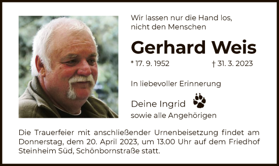 Traueranzeige von Gerhard Weis von OF