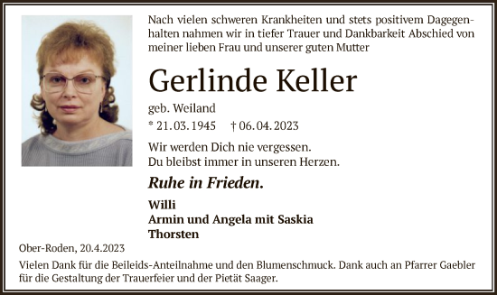 Traueranzeige von Gerlinde Keller von OF