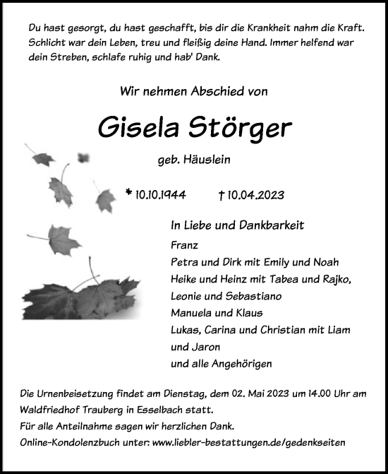 Traueranzeige von Gisela Störger von OF