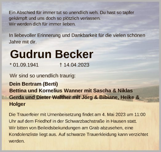 Traueranzeige von Gudrun Becker von OF