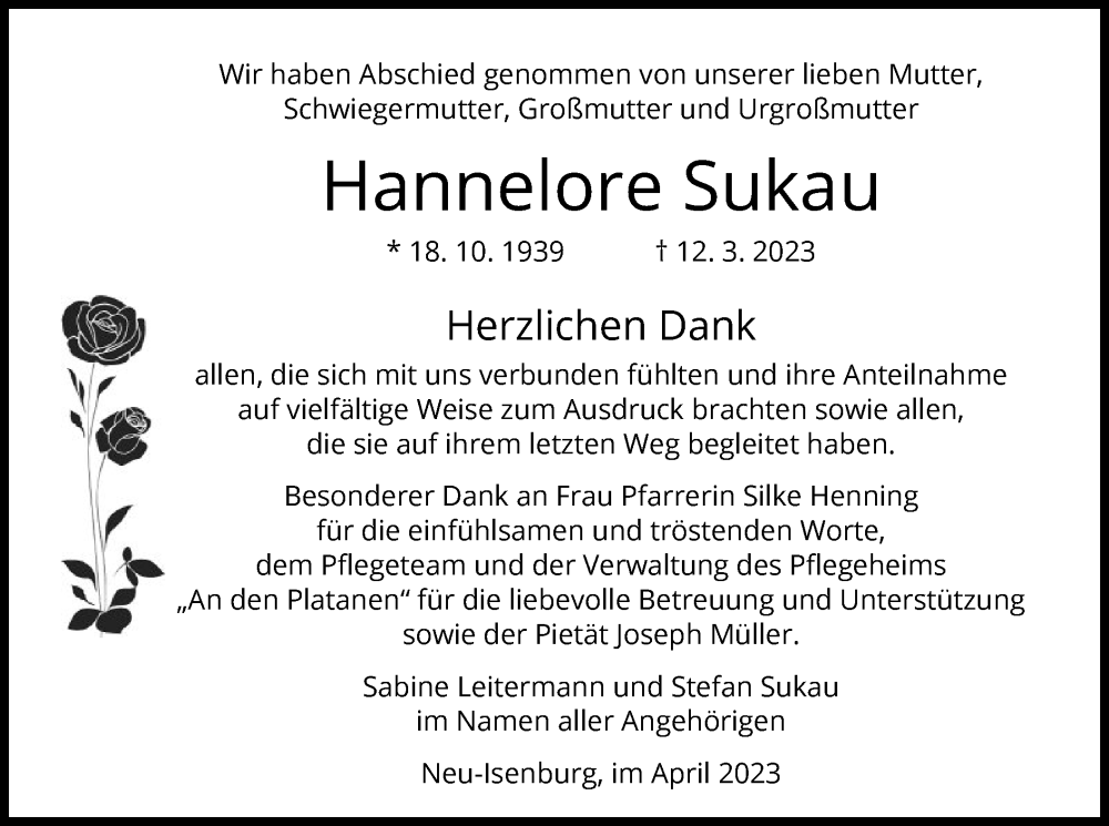  Traueranzeige für Hannelore Sukau vom 13.04.2023 aus OF