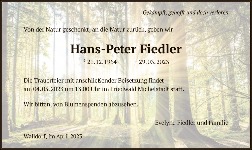  Traueranzeige für Hans-Peter Fiedler vom 20.04.2023 aus OF