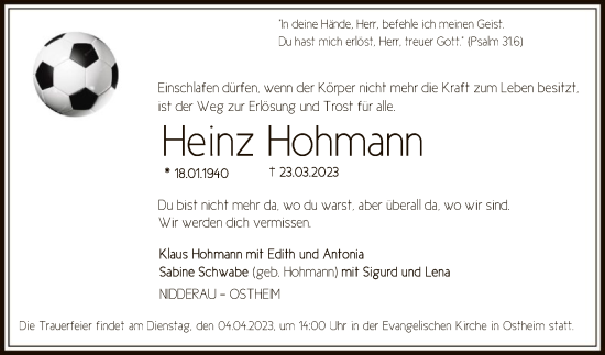 Traueranzeige von Heinz Hohmann von OF