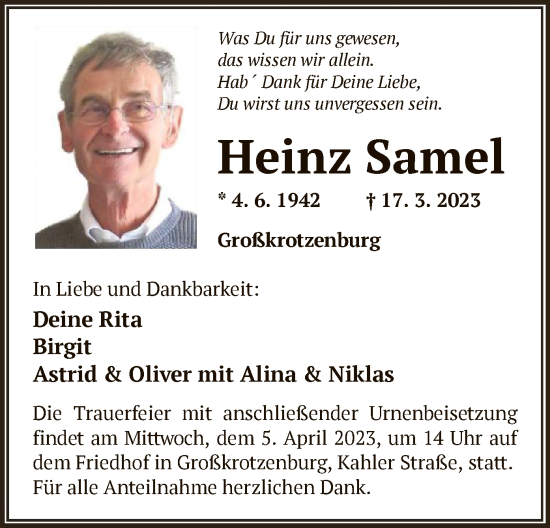 Traueranzeige von Heinz Samel von OF