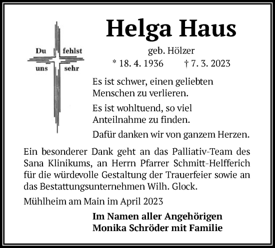 Traueranzeige von Helga Haus von OF