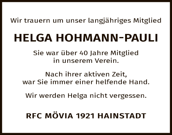 Traueranzeige von Helga Hohmann-Pauli von OF