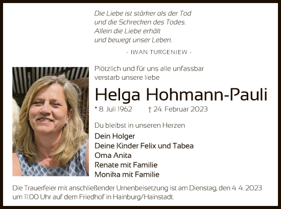 Traueranzeige von Helga Hohmann-Pauli von OF