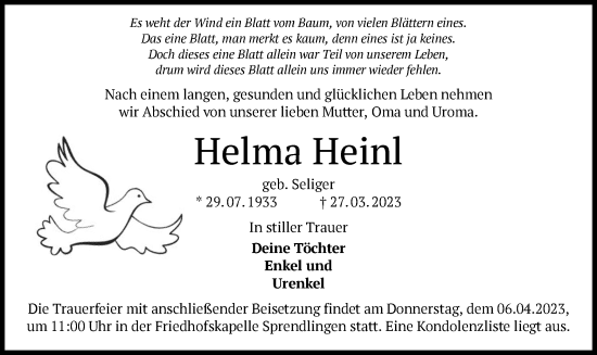 Traueranzeige von Helma Heinl von OF