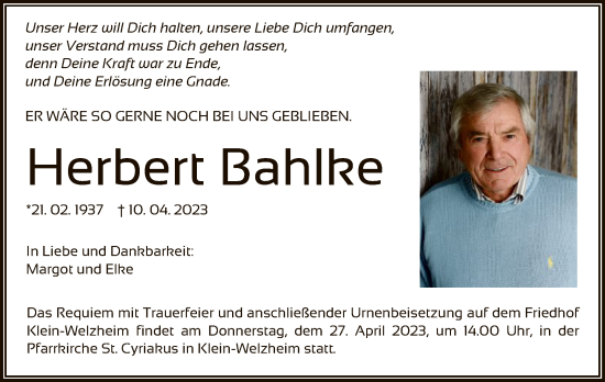 Traueranzeige von Herbert Bahlke von OF