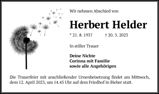 Traueranzeige von Herbert Helder von OF