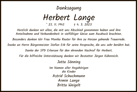 Traueranzeige von Herbert Lange von OF