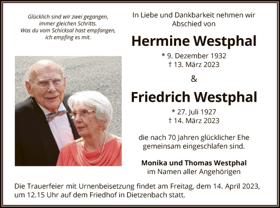 Traueranzeige von Hermine und Heinrich Westphal von OF