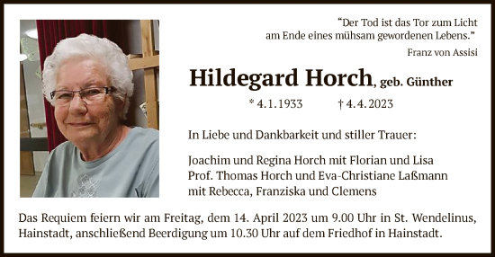 Traueranzeige von Hildegard Horch von OF