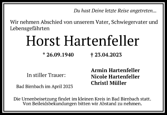 Traueranzeige von Horst Hartenfeller von OF
