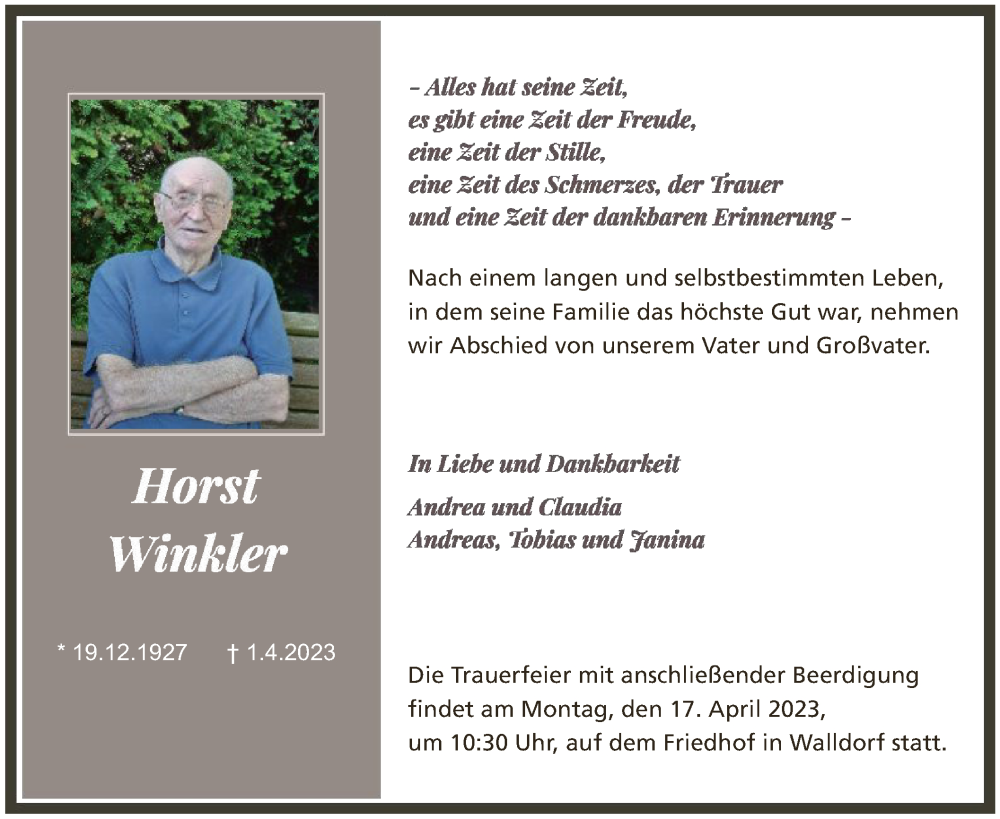 Traueranzeigen von Horst Winkler