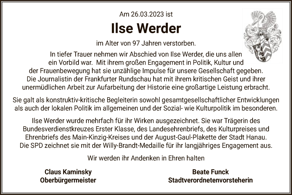  Traueranzeige für Ilse Werder vom 01.04.2023 aus OF